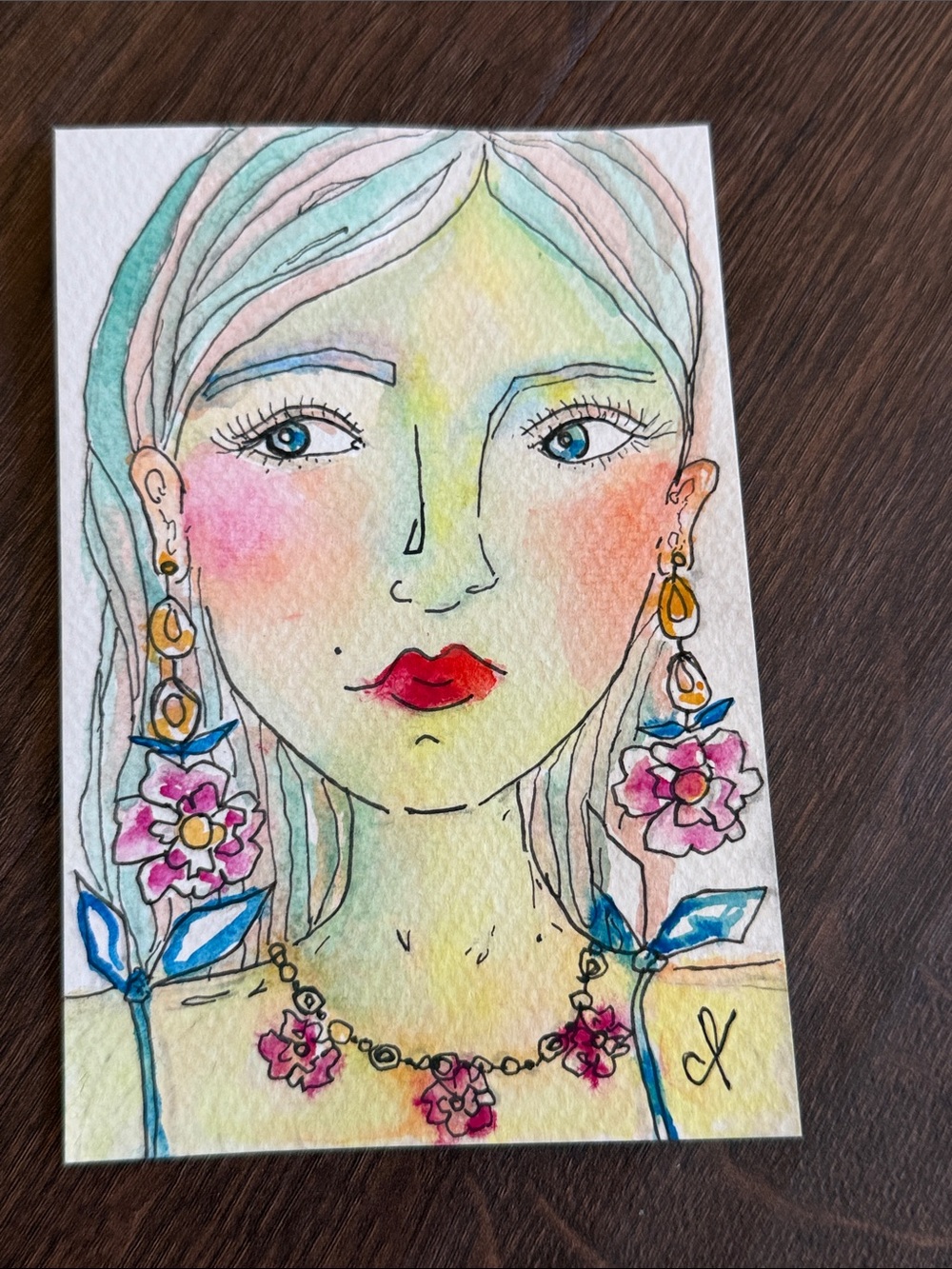 Original Mixed-Media Floral Portrait/Woman/Floral/Color Wash - Daily Sketch